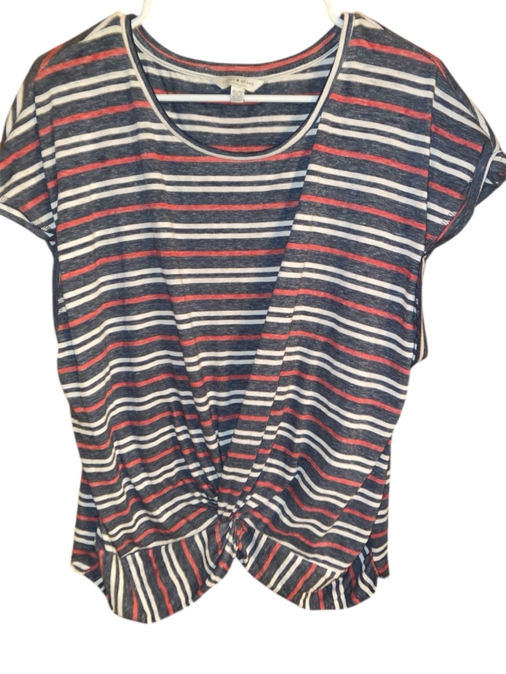 Lucky Brand striped twist-front top with capped sleeves. Size XL